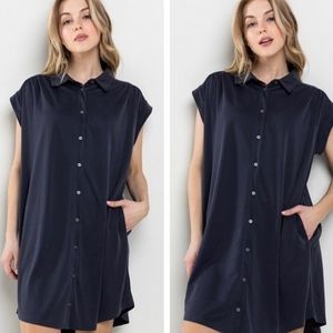 Collared button down mini dress with side pockets